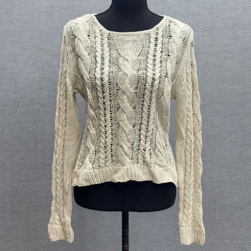 Garnet Hill‎ Linen Blend Cable Knit Scoop Neck Sweater Cream Size Small